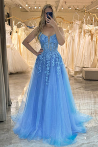 Blue Prom Dress Glitter Tulle A-Line Evening Dresses with Lace Appliques Ms251032