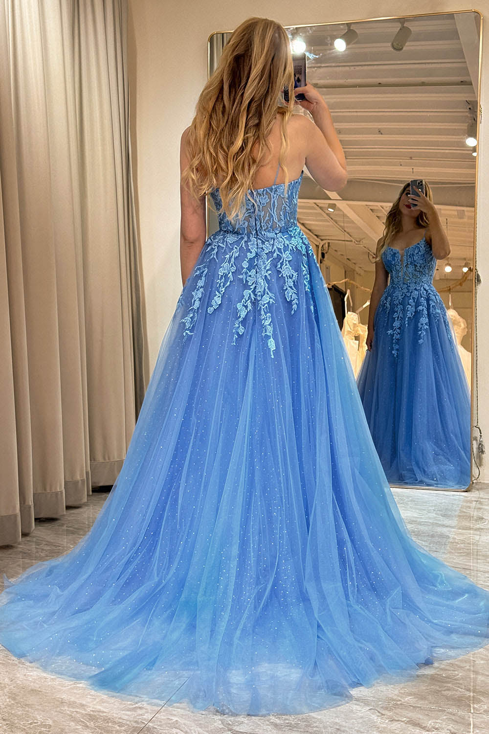 Blue Prom Dress Glitter Tulle A-Line Evening Dresses with Lace Appliques Ms251032