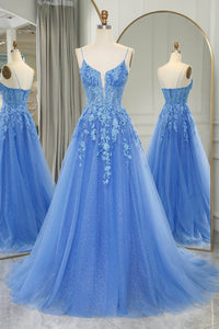 Blue Prom Dress Glitter Tulle A-Line Evening Dresses with Lace Appliques Ms251032