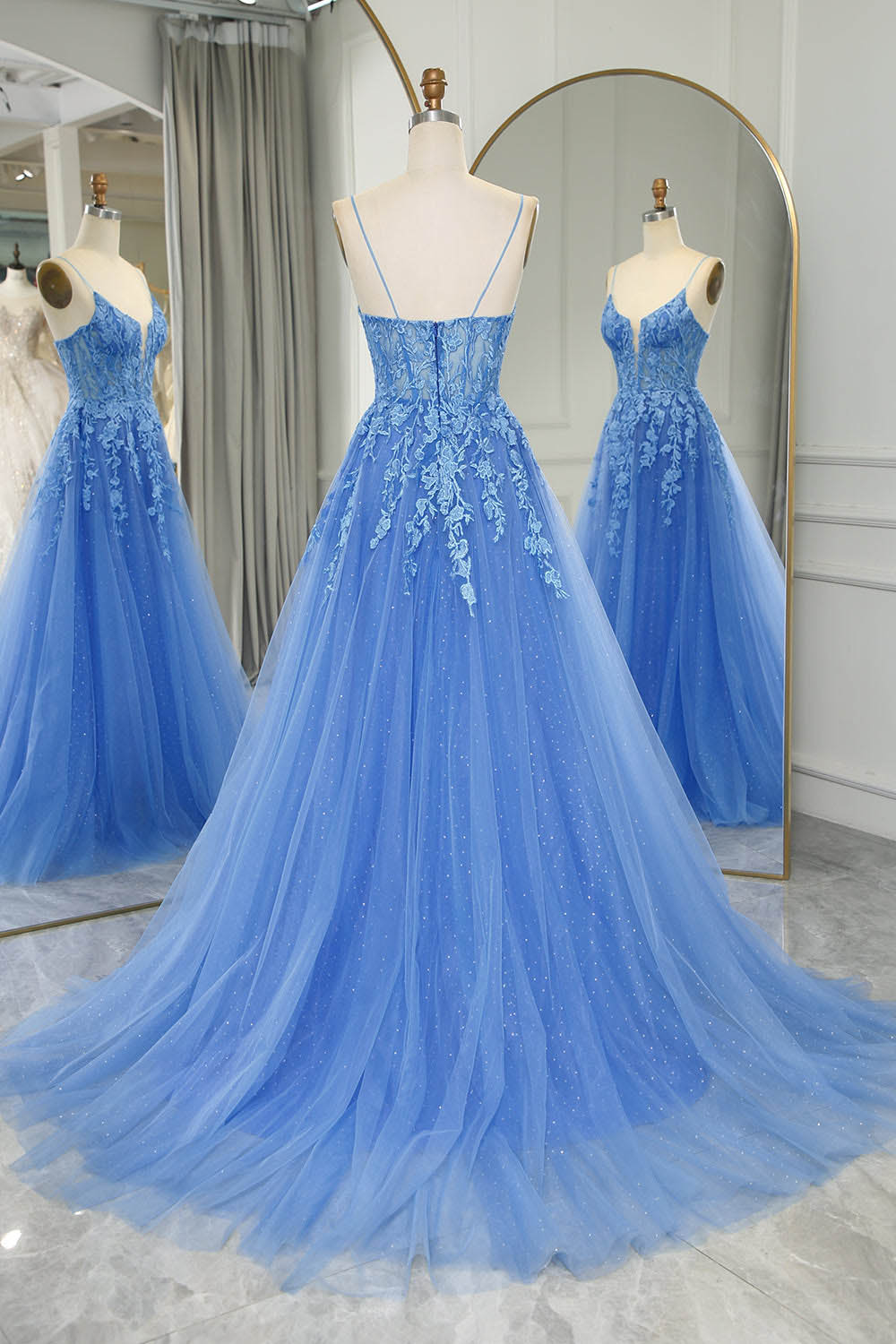 Blue Prom Dress Glitter Tulle A-Line Evening Dresses with Lace Appliques Ms251032
