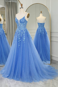 Blue Prom Dress Glitter Tulle A-Line Evening Dresses with Lace Appliques Ms251032