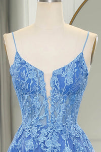 Blue Prom Dress Glitter Tulle A-Line Evening Dresses with Lace Appliques Ms251032