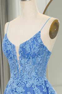 Blue Prom Dress Glitter Tulle A-Line Evening Dresses with Lace Appliques Ms251032
