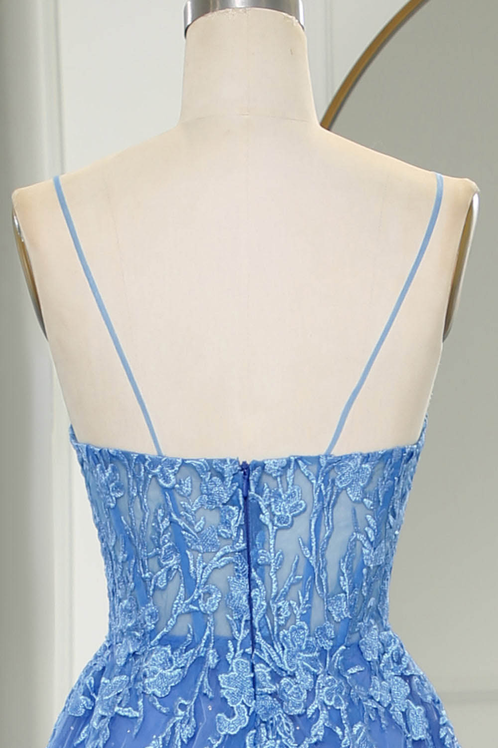 Blue Prom Dress Glitter Tulle A-Line Evening Dresses with Lace Appliques Ms251032