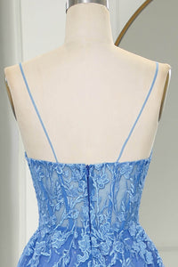 Blue Prom Dress Glitter Tulle A-Line Evening Dresses with Lace Appliques Ms251032