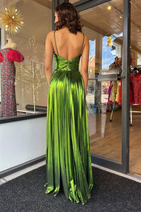Pleated Prom Dresses Spaghetti Strap Sexy High Slit Shiny Evening Gown Ms25111442