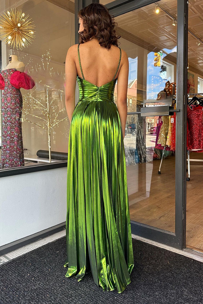 Pleated Prom Dresses Spaghetti Strap Sexy High Slit Shiny Evening Gown Ms25111442