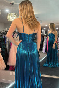 Pleated Prom Dresses Spaghetti Strap Sexy High Slit Shiny Evening Gown Ms25111442
