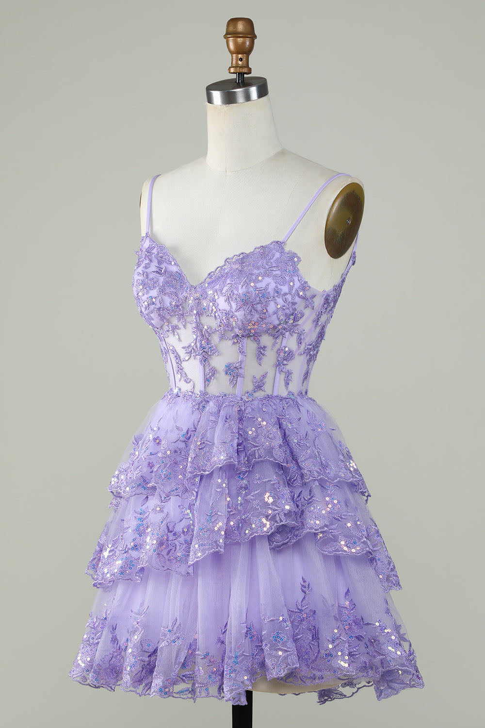 Lavender Sequin Lace Tiered Mini Prom Dress Corset Party Dress Ms2508091