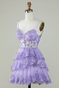 Lavender Sequin Lace Tiered Mini Prom Dress Corset Party Dress Ms2508091