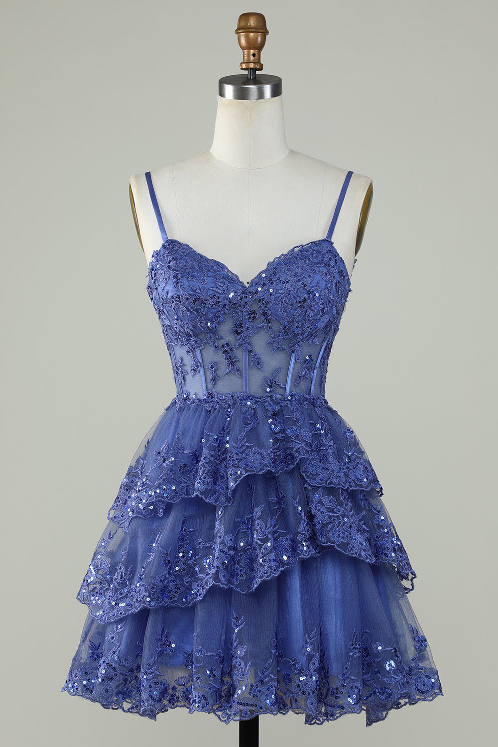 Lavender Sequin Lace Tiered Mini Prom Dress Corset Party Dress Ms2508091