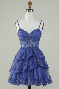 Lavender Sequin Lace Tiered Mini Prom Dress Corset Party Dress Ms2508091
