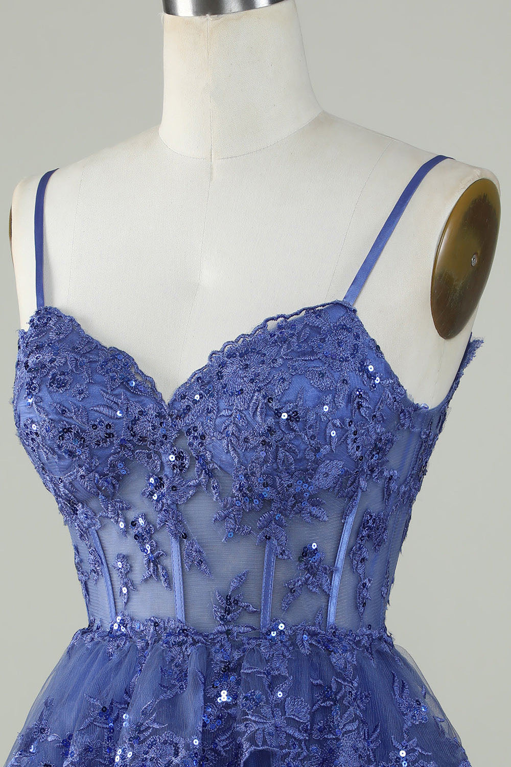 Lavender Sequin Lace Tiered Mini Prom Dress Corset Party Dress Ms2508091