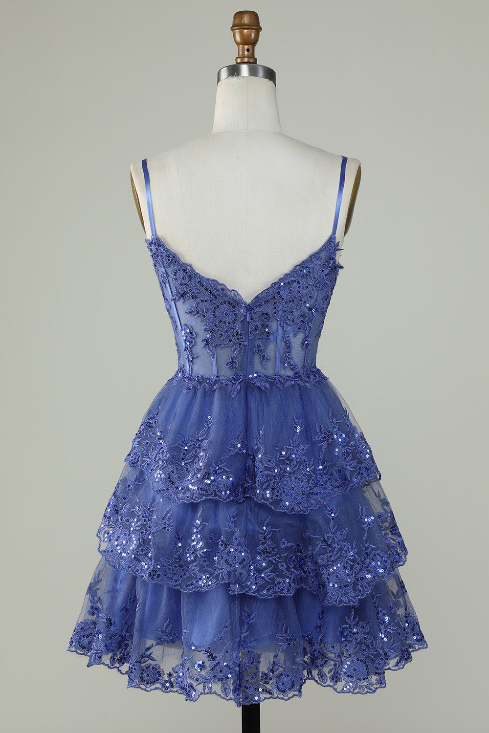 Lavender Sequin Lace Tiered Mini Prom Dress Corset Party Dress Ms2508091