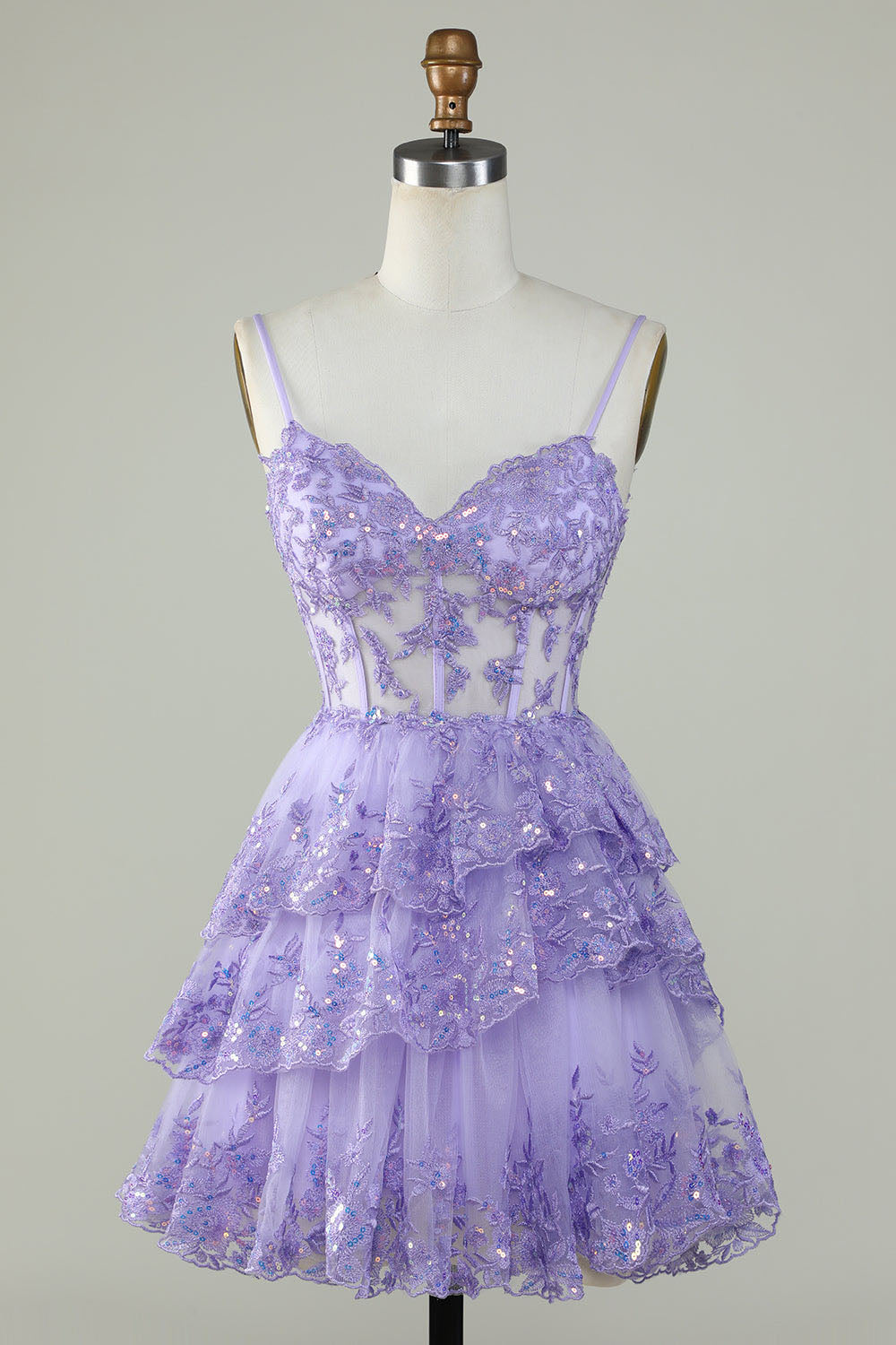Lavender Sequin Lace Tiered Mini Prom Dress Corset Party Dress Ms2508091