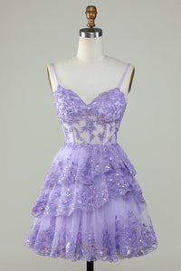 Lavender Sequin Lace Tiered Mini Prom Dress Corset Party Dress Ms2508091