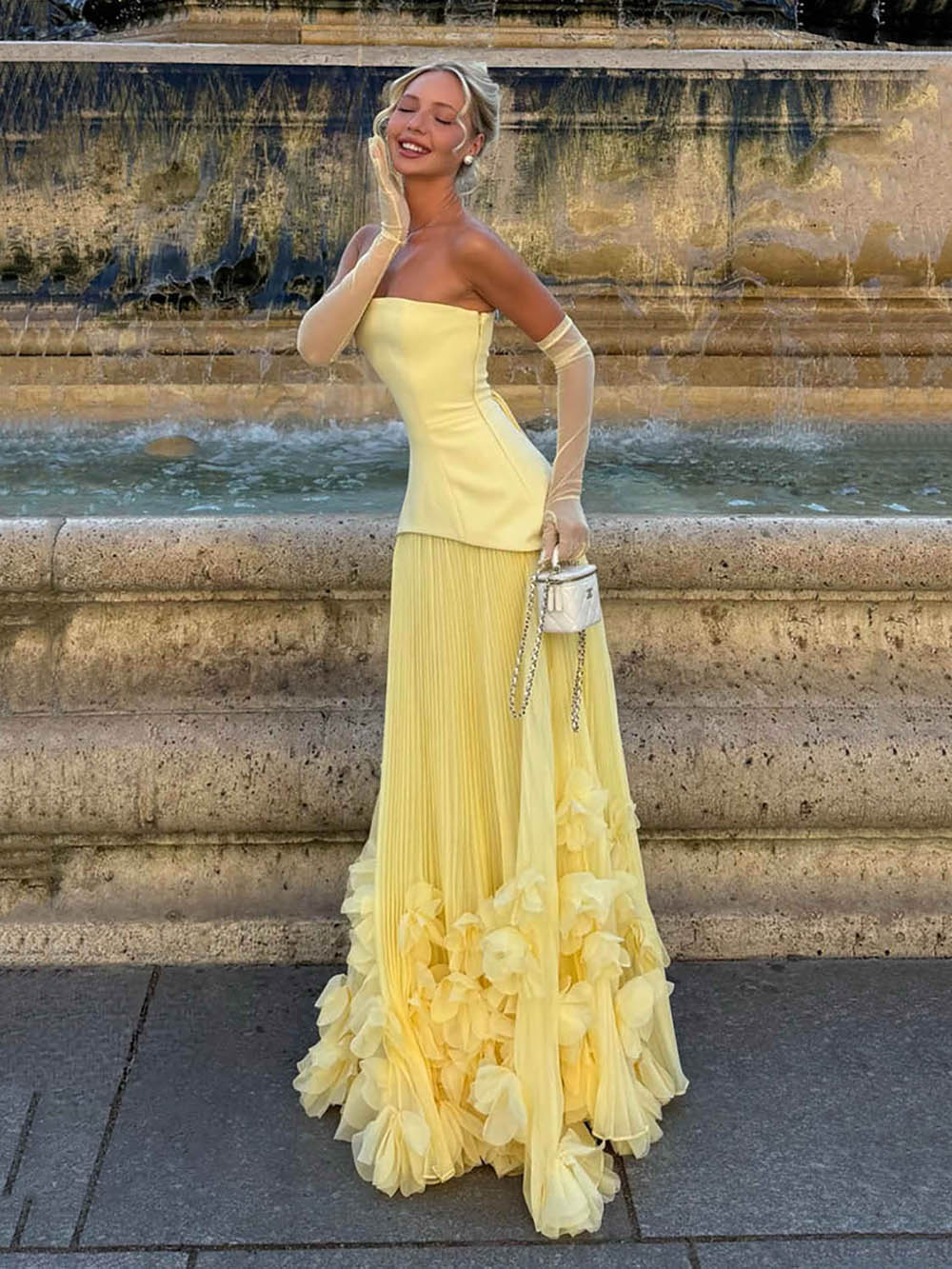 Yellow Prom Dress Strapless Corset Pleated A Line Birthday Gown 3D Floral Formal Evening Dress Ms2609052