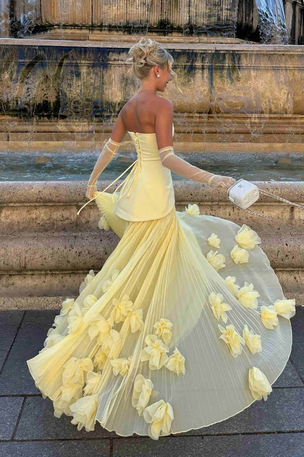 Yellow Prom Dress Strapless Corset Pleated A Line Birthday Gown 3D Floral Formal Evening Dress Ms2609052