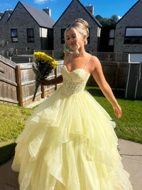 Yellow Prom Dress Spaghetti Strap Lace Ball Gown Layered Ruffle Tulle Princess Birthday Gown Ms2609251