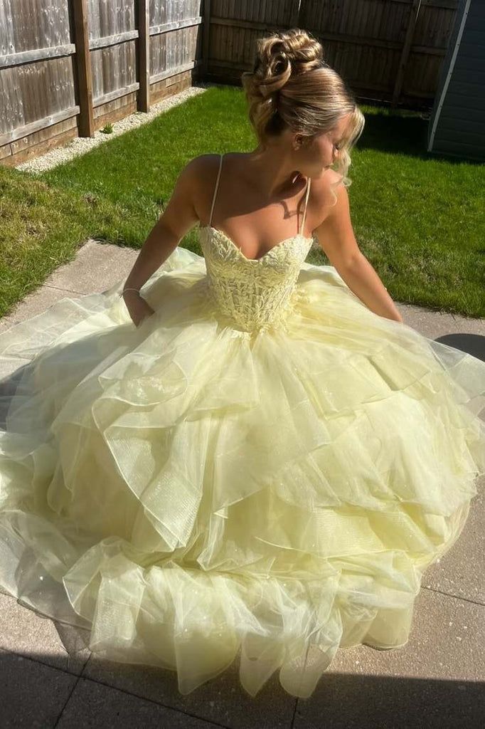 Yellow Prom Dress Spaghetti Strap Lace Ball Gown Layered Ruffle Tulle Princess Birthday Gown Ms2609251