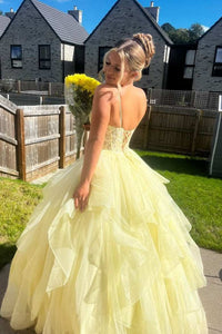 Yellow Prom Dress Spaghetti Strap Lace Ball Gown Layered Ruffle Tulle Princess Birthday Gown Ms2609251