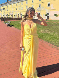 Yellow Prom Dress Sweetheart Chiffon Elegant Party Dress Ruched Draped Scarf Evening Dress Ms2609162