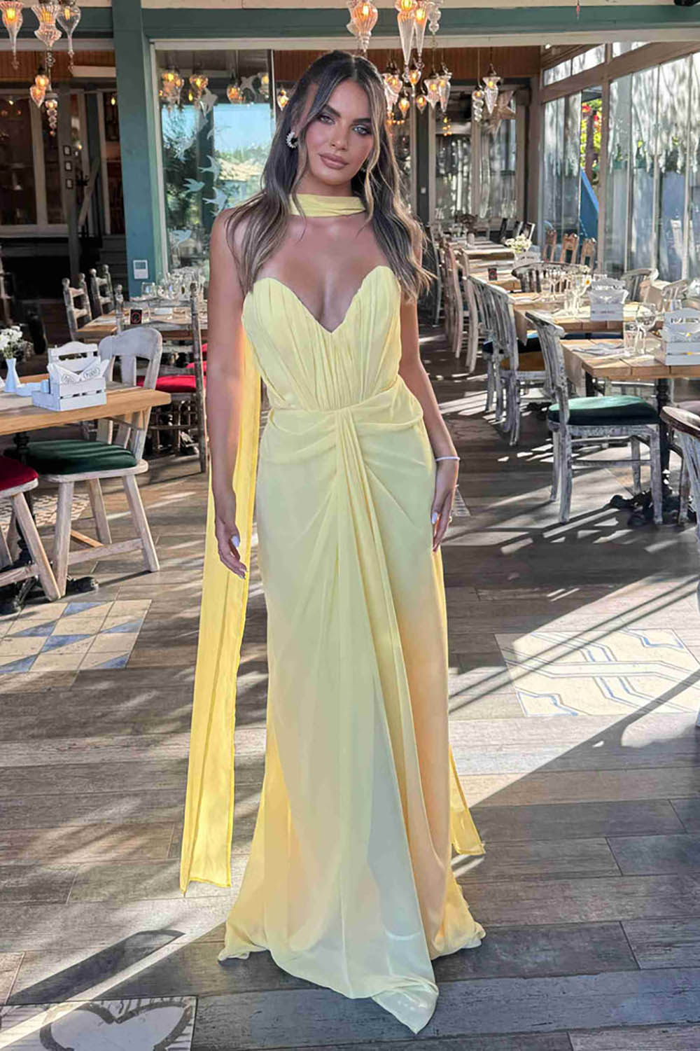 Yellow Prom Dress Sweetheart Chiffon Elegant Party Dress Ruched Draped Scarf Evening Dress Ms2609162