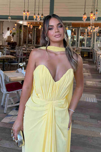 Yellow Prom Dress Sweetheart Chiffon Elegant Party Dress Ruched Draped Scarf Evening Dress Ms2609162