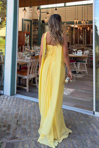Yellow Prom Dress Sweetheart Chiffon Elegant Party Dress Ruched Draped Scarf Evening Dress Ms2609162