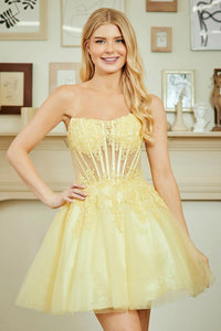 Lace Appliques Beaded Sheer Strapless Homecoming Dress Corset Tulle Short Cocktail Dress Ms2610236