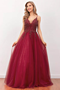 Burgundy Tulle Prom Dresses V Neck Beaded A-Line Evening Dress Ms2510184