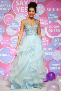 Layered Tulle Prom Dress V-Neck Sparkly Beaded Ball Gown Party Dress Ms2510167