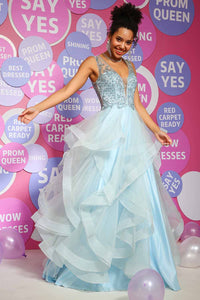 Layered Tulle Prom Dress V-Neck Sparkly Beaded Ball Gown Party Dress Ms2510167