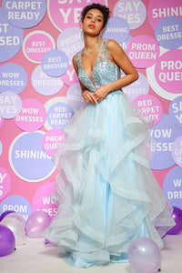 Layered Tulle Prom Dress V-Neck Sparkly Beaded Ball Gown Party Dress Ms2510167
