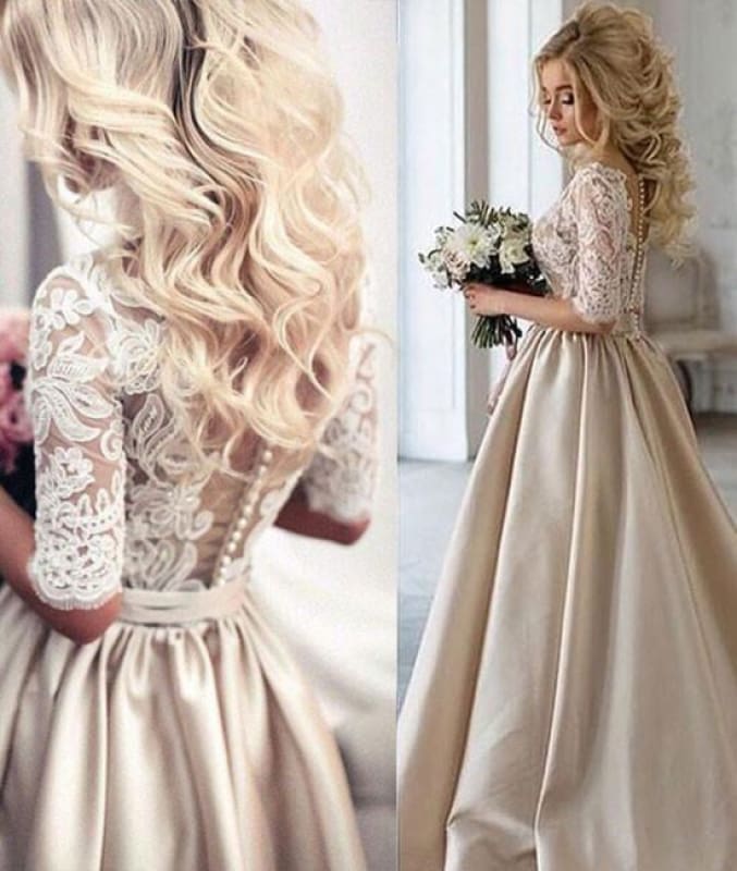 Lace Appliques Satin Ball Gown Wedding Dress Half Sleeves Vintage Bridal Gown Ms2601241