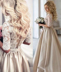 Lace Appliques Satin Ball Gown Wedding Dress Half Sleeves Vintage Bridal Gown Ms2601241