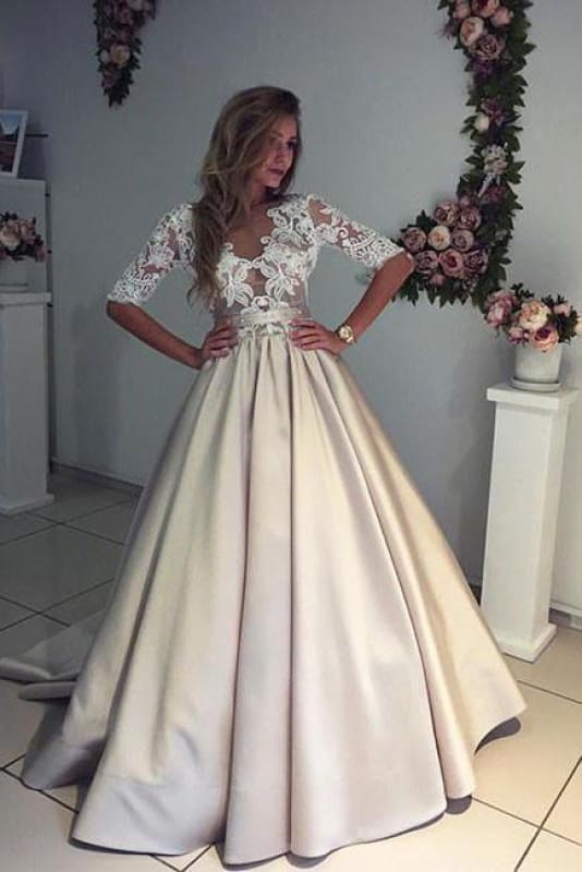 Lace Appliques Satin Ball Gown Wedding Dress Half Sleeves Vintage Bridal Gown Ms2601241