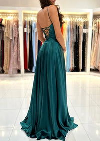 A Line Satin Prom Dress Slit Spaghetti Strap Evening Formal Gown Party Dress Ms263262
