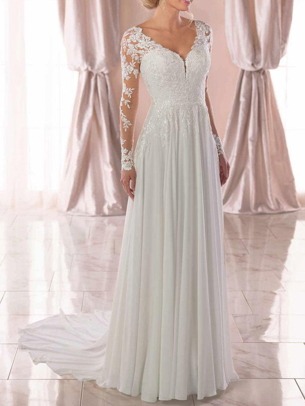 V Neck Long Sleeve Lace Wedding Dress Open Back Illusion Bridal Gown Ms2505242