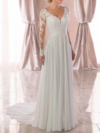 V Neck Long Sleeve Lace Wedding Dress Open Back Illusion Bridal Gown Ms2505242