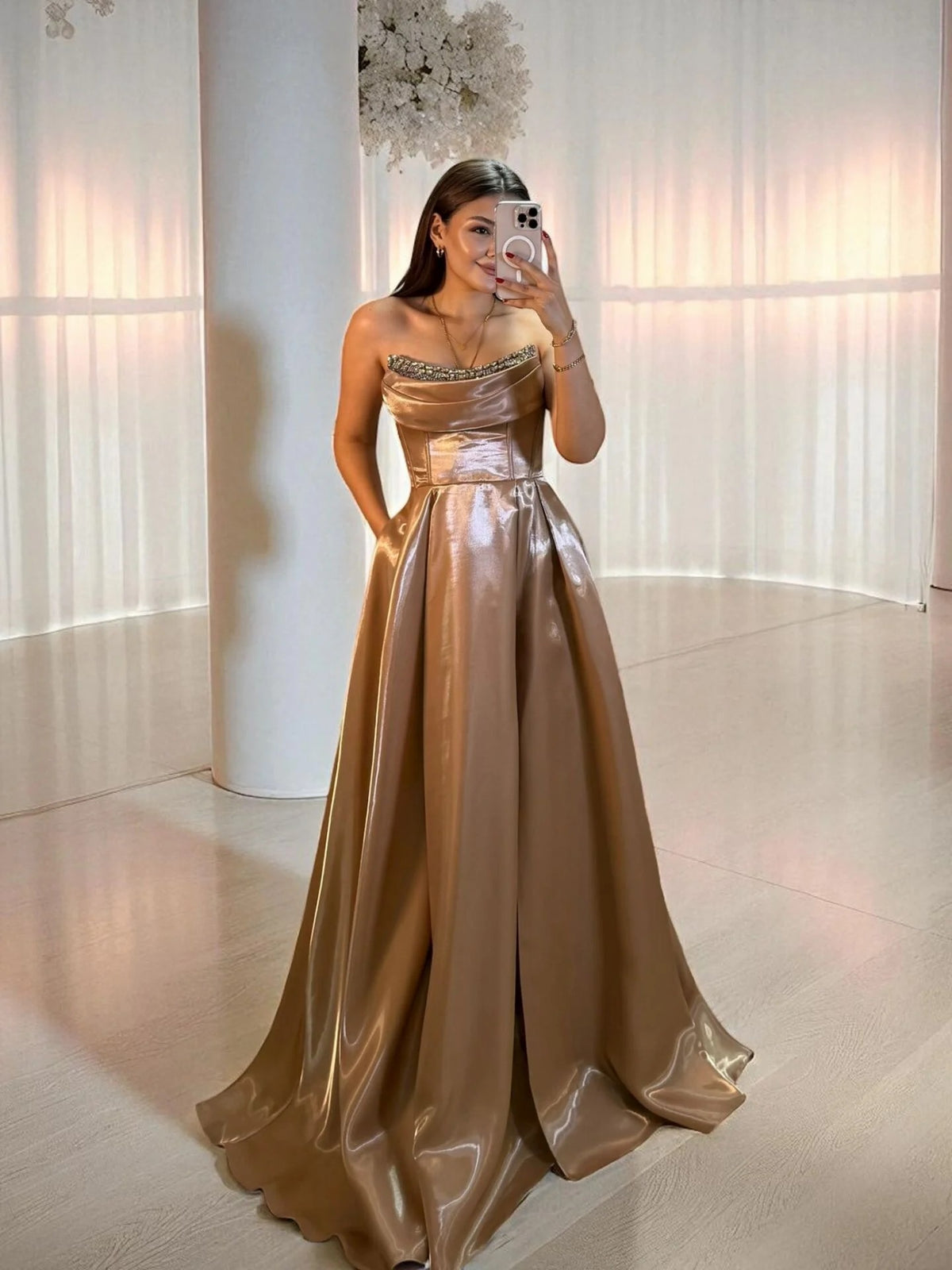Shiny Satin Beaded Corset Formal Evening Gown High Slit A Line Prom Dr Msikoods Official Store Shiny Satin Beaded Corset Formal Evening Gown High Slit A Line Prom Dr Msikoods Official Store