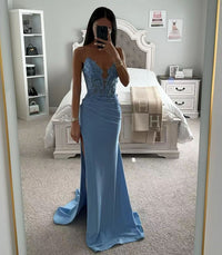 Robe de soirée sirène bleue fendue sur le côté, col en V, appliques en dentelle, robe formelle élégante, robe pour occasion spéciale