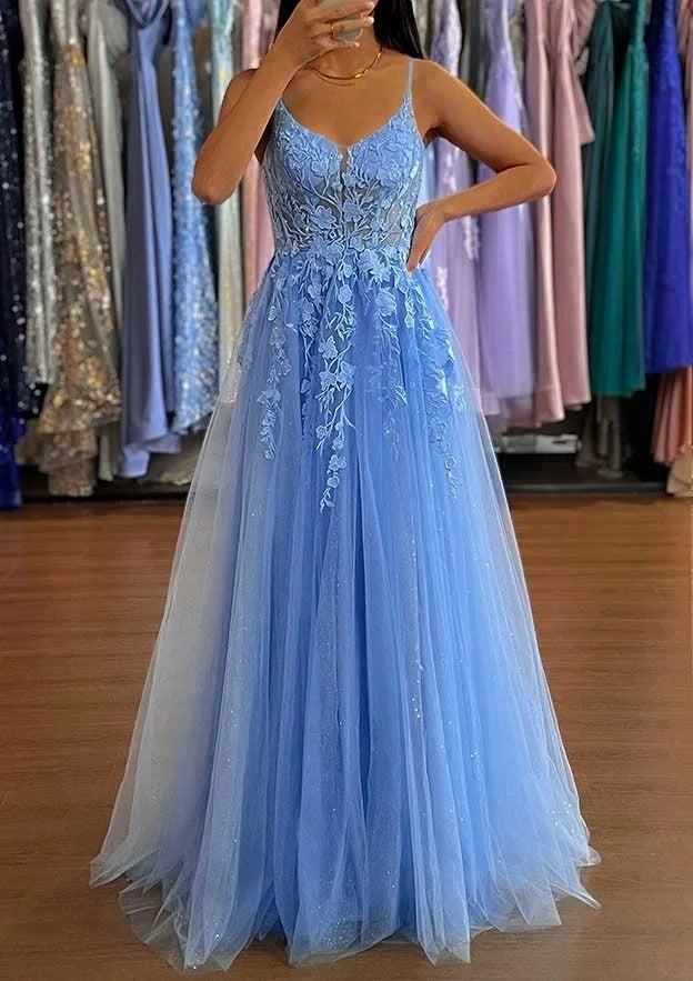 Lace Appliques Prom Dress Spaghetti Strap A Line Sparkly Tulle Evening Dress Ms2603264