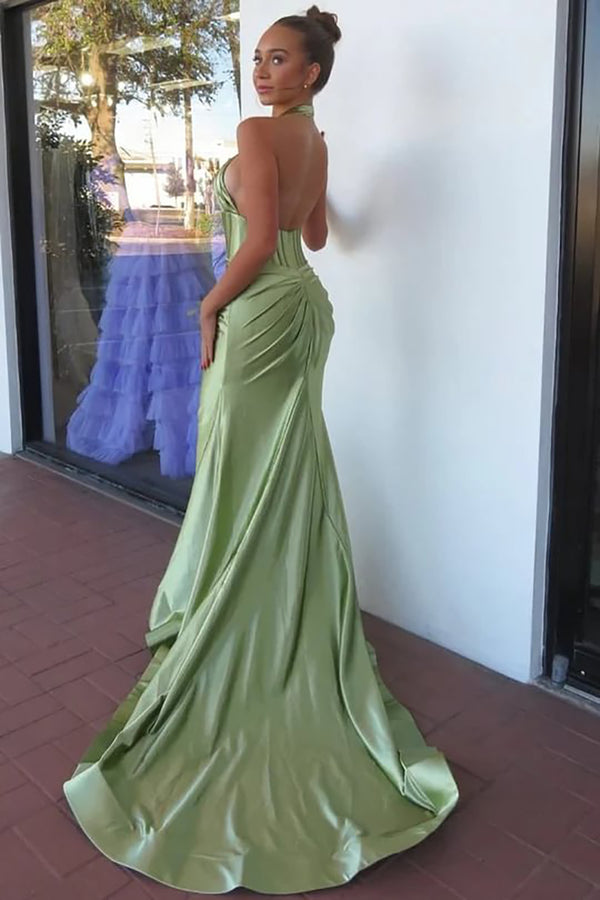 Satin Prom Dress Halter Mermaid Evening Dress Corset Open Back Ruched Party Dress Ms2606146