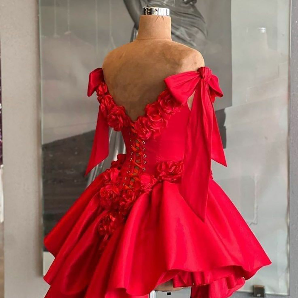 Luxury Red Rose Prom Dress Off-Shoulder High-Low Ball Gown Queen Evening Party Gown With Bow