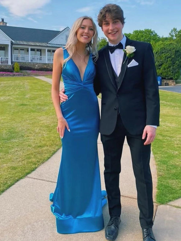 Satin Prom Dress Deep V Neck Mermaid Party Gown Ruched Formal Evening Dress Ms2606143
