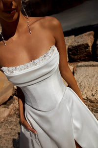 Satin Wedding Dress Pearl Beaded High Slit A Line Bridal Dresses Ms2602263