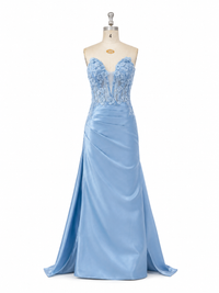 Robe de soirée sirène bleue fendue sur le côté, col en V, appliques en dentelle, robe formelle élégante, robe pour occasion spéciale