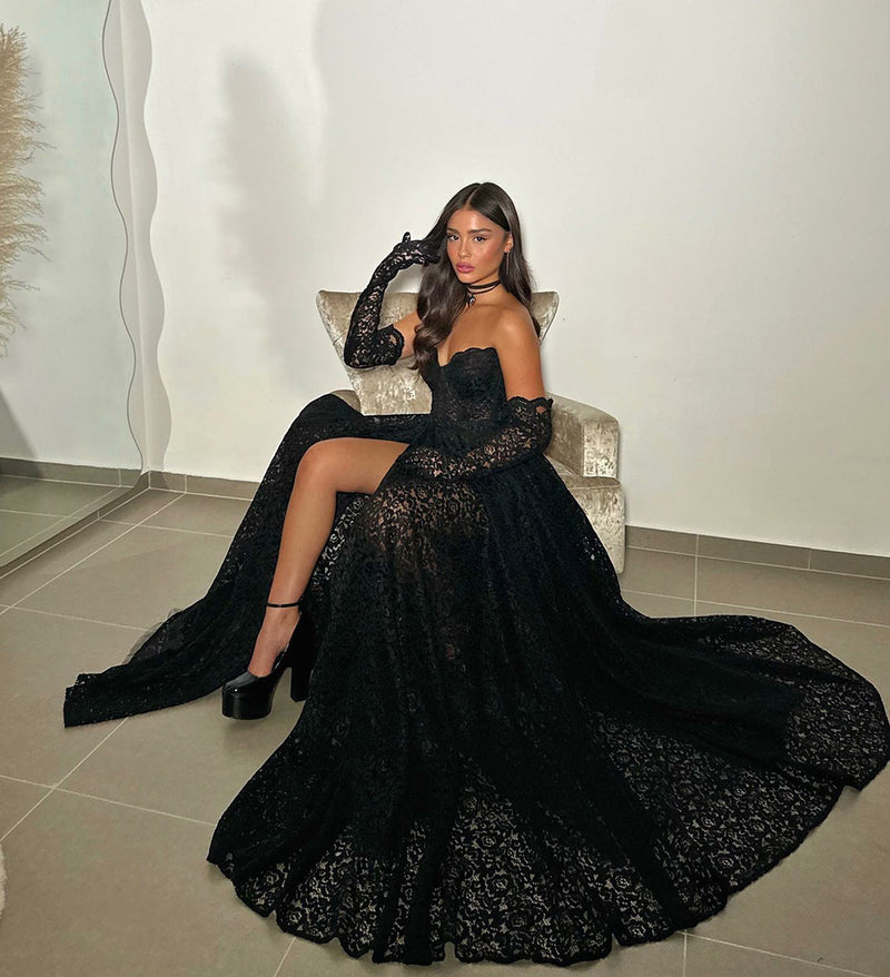 Sexy Lace Prom Dresses Sweetheart Black A line Evening Gown Elegant Celebrity High Slit Night Party Dress