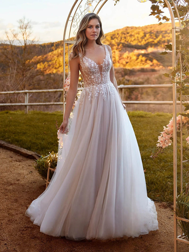 Lace Tulle Wedding Dresses Deep V Neck A Line Bridal Gown Boho Bride Dress Ms2511161